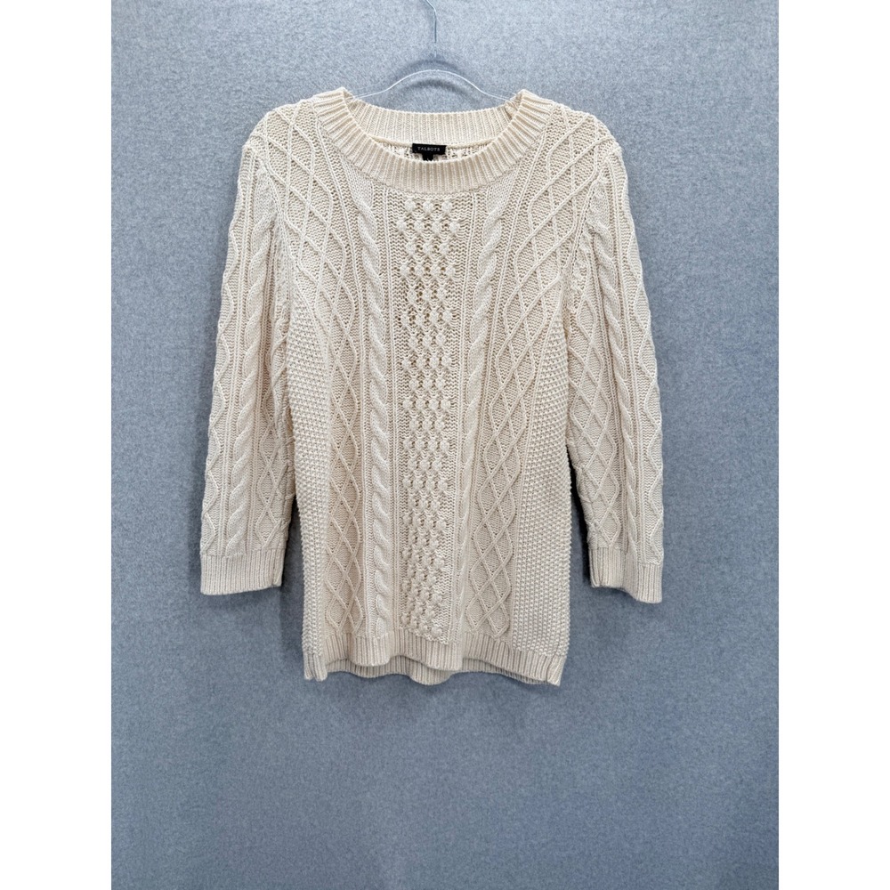 Talbots Cable Knit Sweater Women Large Ivory Cotton Wool Blend Pullover 3572